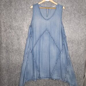 Indigo Thread‎ Co Denim Chambray Dress 1X Sleeveless V Neck Frayed Trapeze